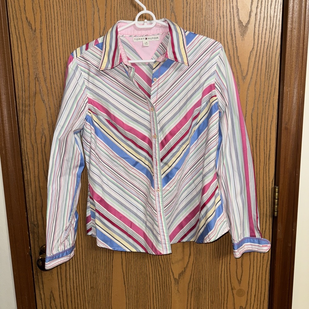 Tommy Hilfiger Women's Striped Long Sleeve Size L Button Up Blouse Shirt